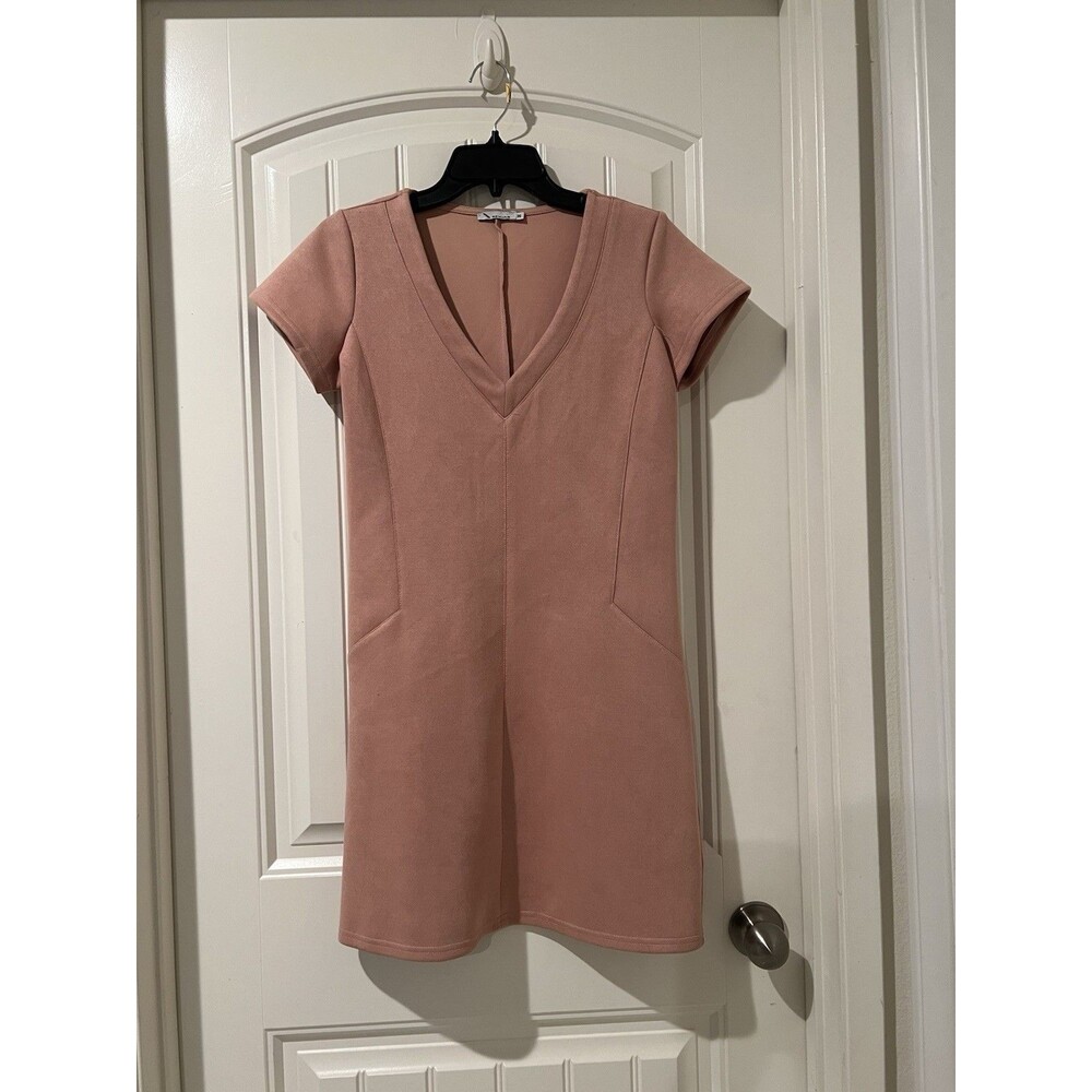 RENUAR Fitted Suede V Neck Short Sleeve Light Pink Tan Mini Dress Sz EU 36, US S